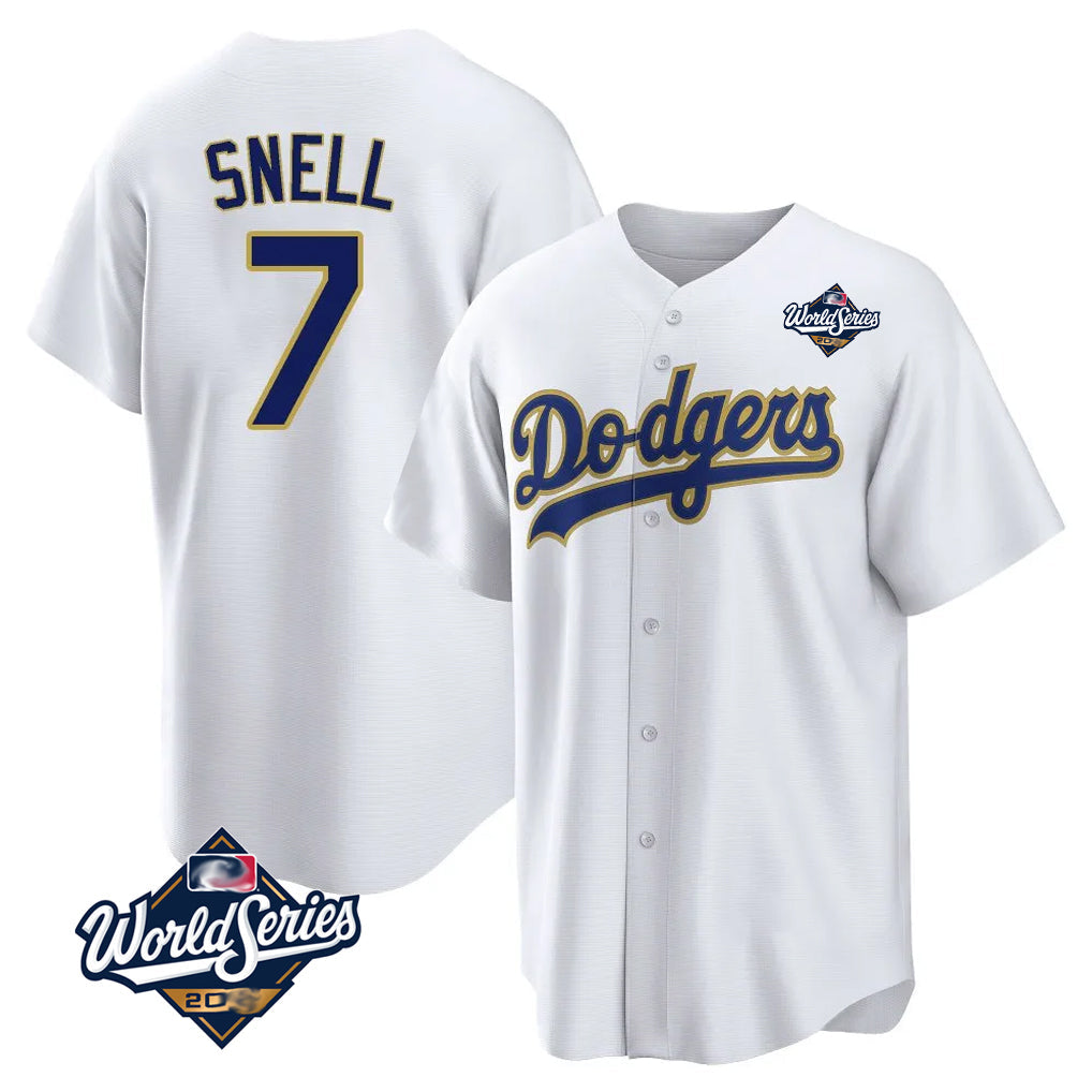 LA.Dodgers #7 Blake Snell Player Gold White World Series Home Game Gdoa Stitched Jerseys