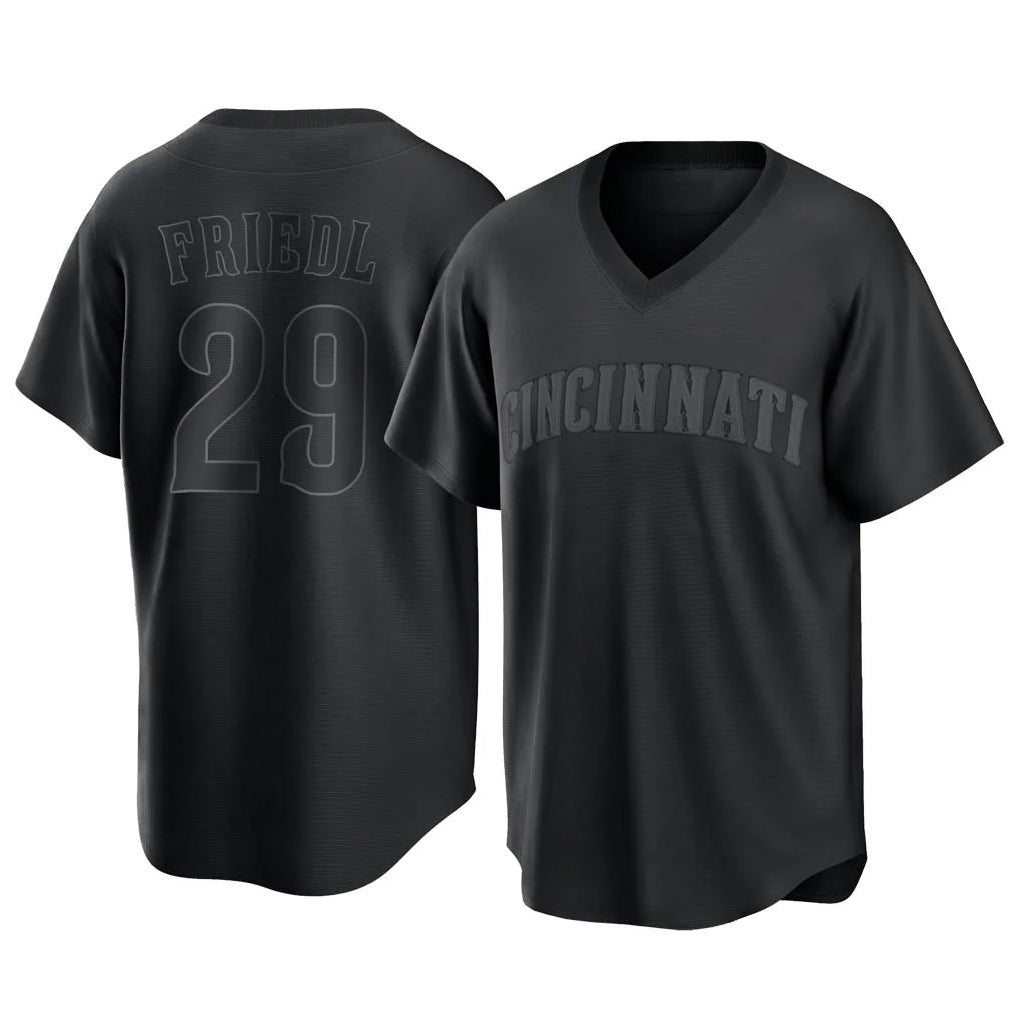C.Reds #29 TJ Friedl Player Black T-shirt Game Home Gdoa Stitched Jerseys