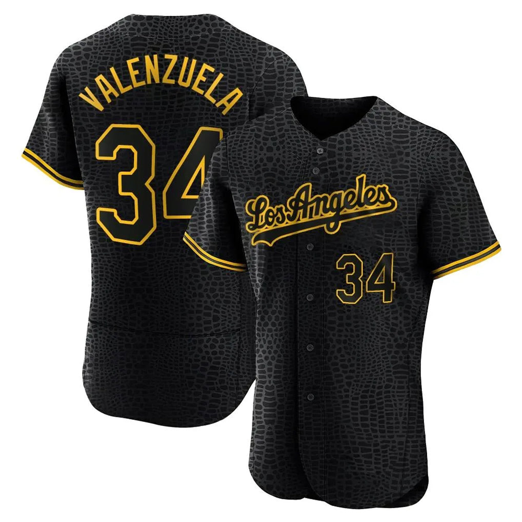 LA.Dodgers #34 Fernando Valenzuela Player Black Snake Skin City Limited Elite Home Gdoa Stitched Jerseys