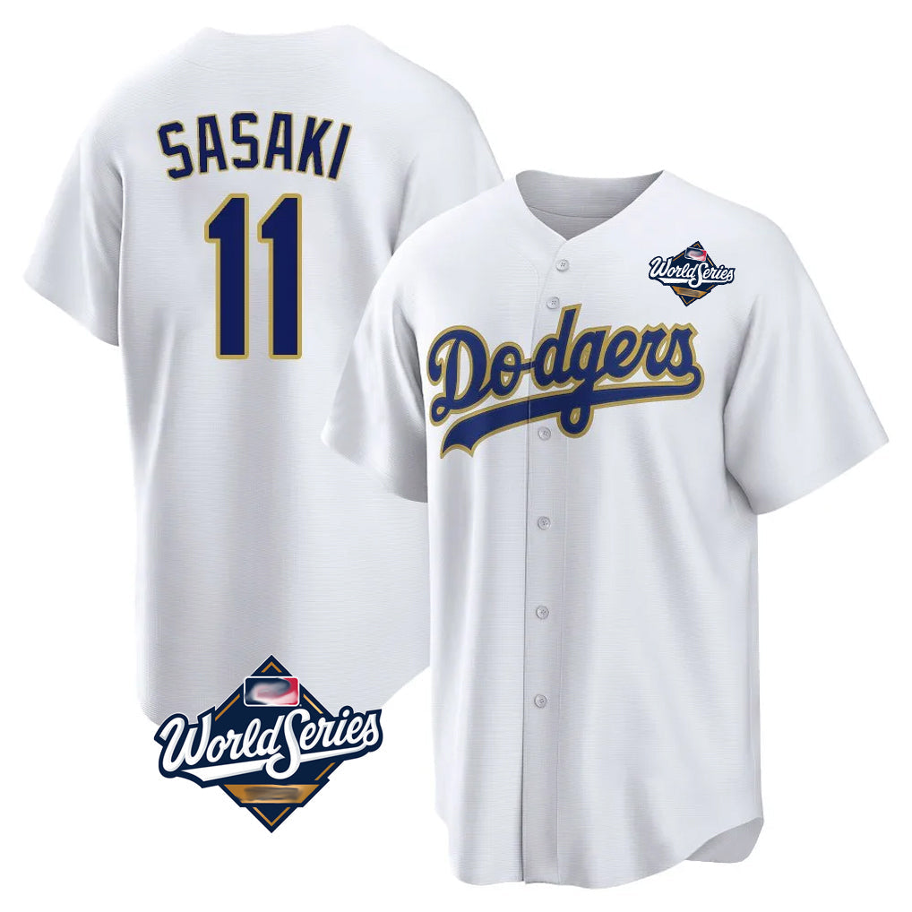 LA.Dodgers #11 Roki Sasaki Player Gold White World Series 2026 Collection Stadium Game Gdoa Stitched Jerseys