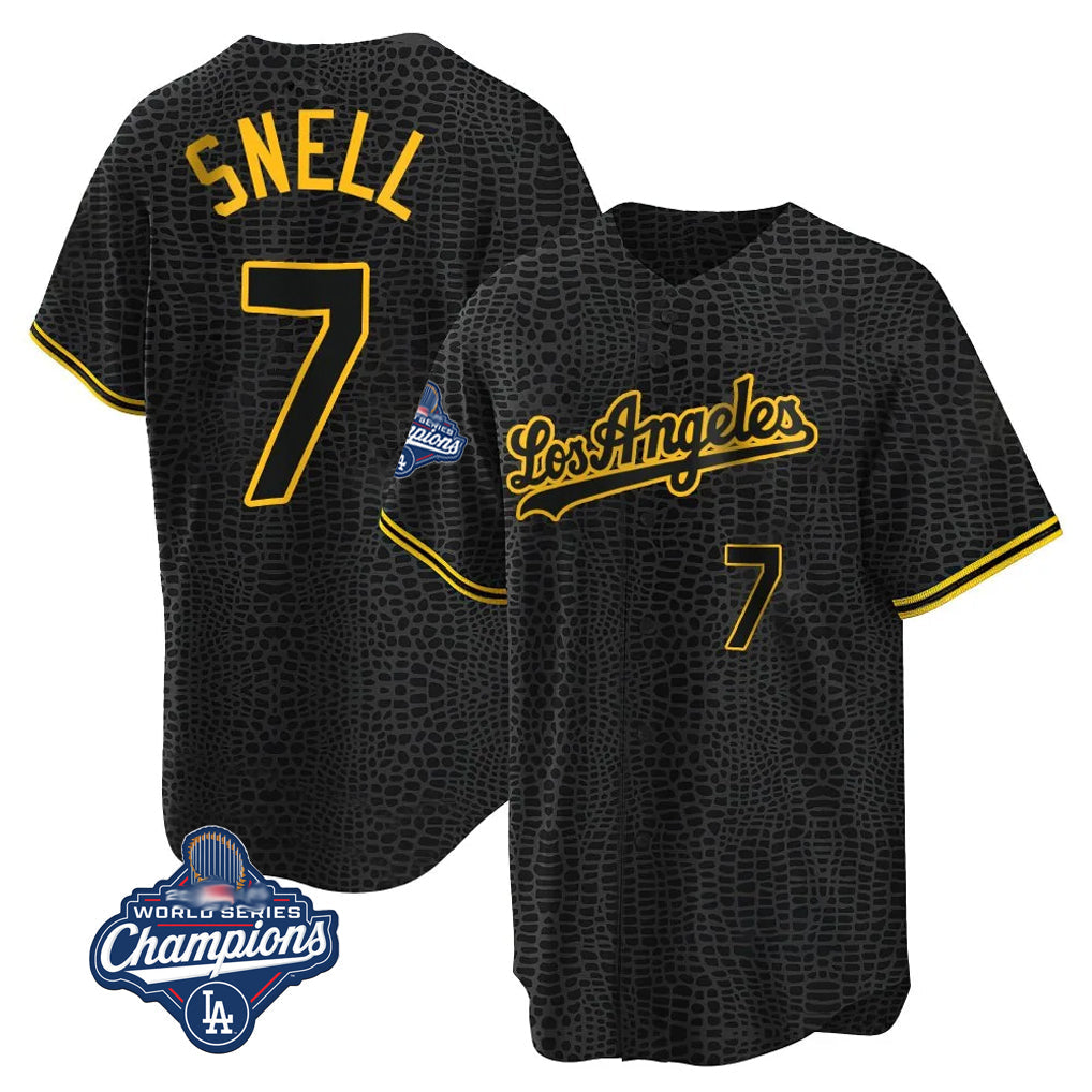 LA.Dodgers #7 Blake Snell Player Black Snake Skin City Game Home World Series Meet Gdoa Stitched Jerseys