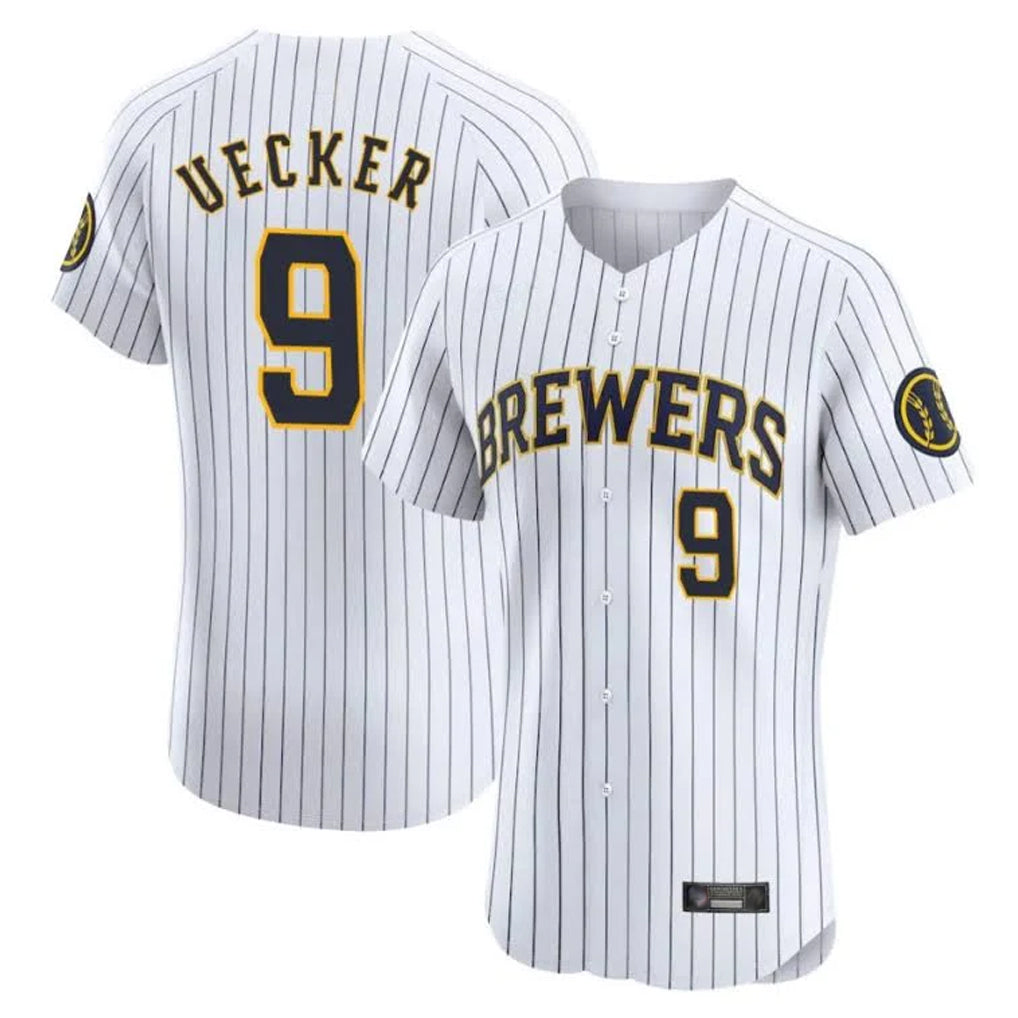 M.Brewers #9 Bob Uecker Player White Stripes Home Limited Elite Gdoa Stitched Jerseys