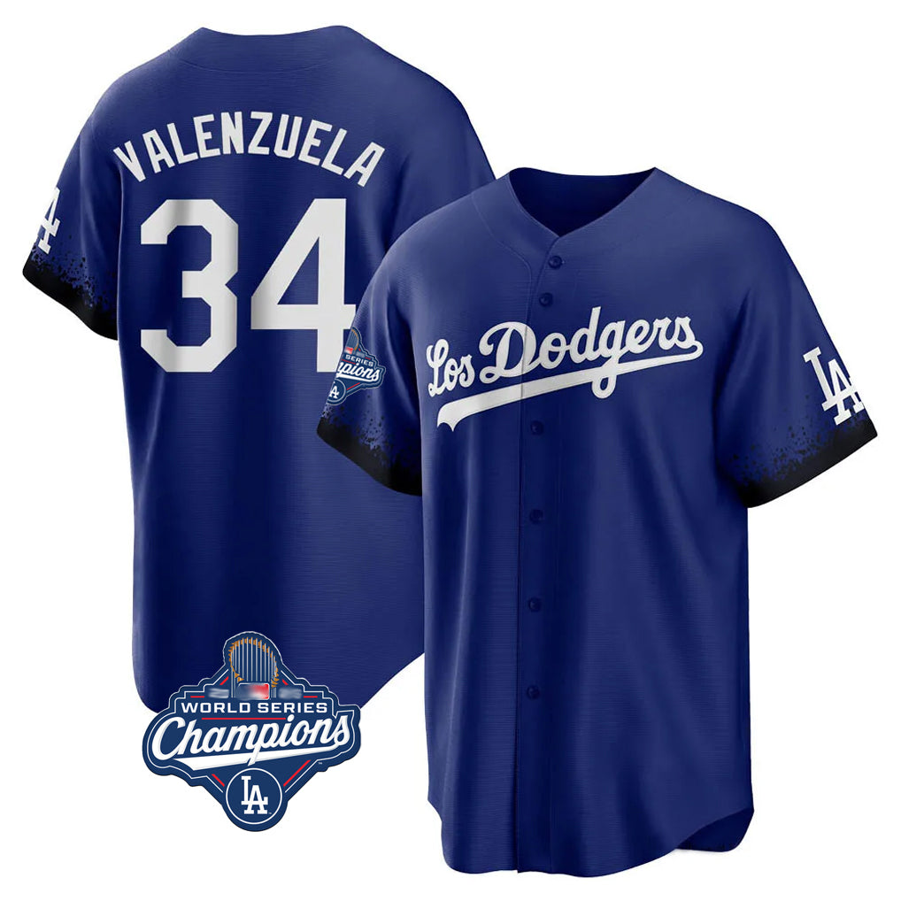 LA.Dodgers #34 Fernando Valenzuela Player Royal World Series Meet City Connect Home Game Gdoa Stitched Jerseys