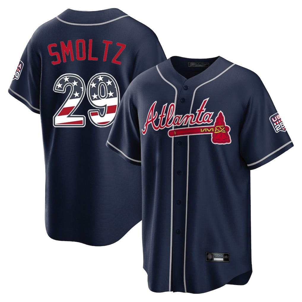 A.Braves #29 John Smoltz Player Navy USA 250 Fourth Of July Limited Home Game Gdoa250Ys Stitched Jerseys