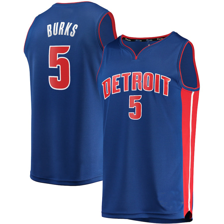 D.Pistons #5 Alec Burks Supporters Branded Fast Break Replica Jersey Icon Edition Blue Stitched American Basketball Jersey