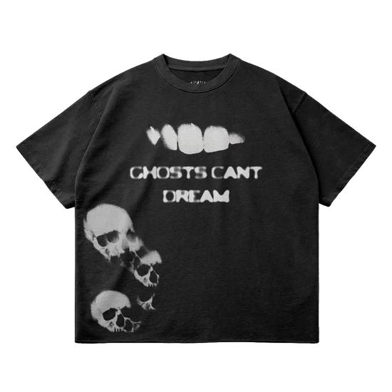 T-Shirt Ghosts Cant Dream Garment Dyed Streetwear Tee 260GSM Black Cotton With Faded Raw Hem