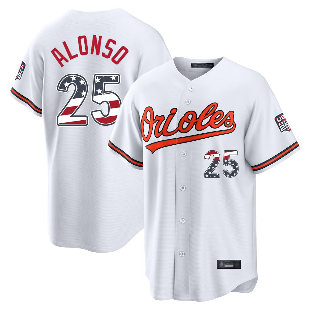 B.Orioles #25 Pete Alonso Player White USA 250 Fourth of July Home Game Gdoa Stitched Jerseys