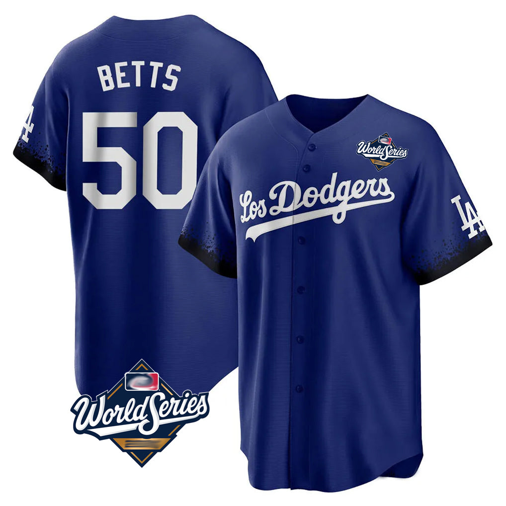 LA.Dodgers #50 Mookie Betts Player Royal World Series City Connect Home Game Gdoa Stitched Jerseys
