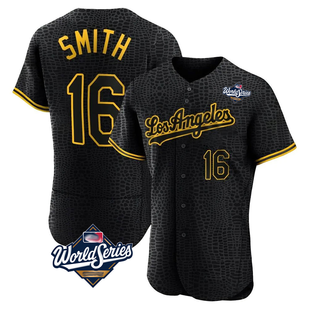 LA.Dodgers #16 Will Smith Player Black World Series Snake Skin City Limited Elite Home Gdoa Stitched Jerseys