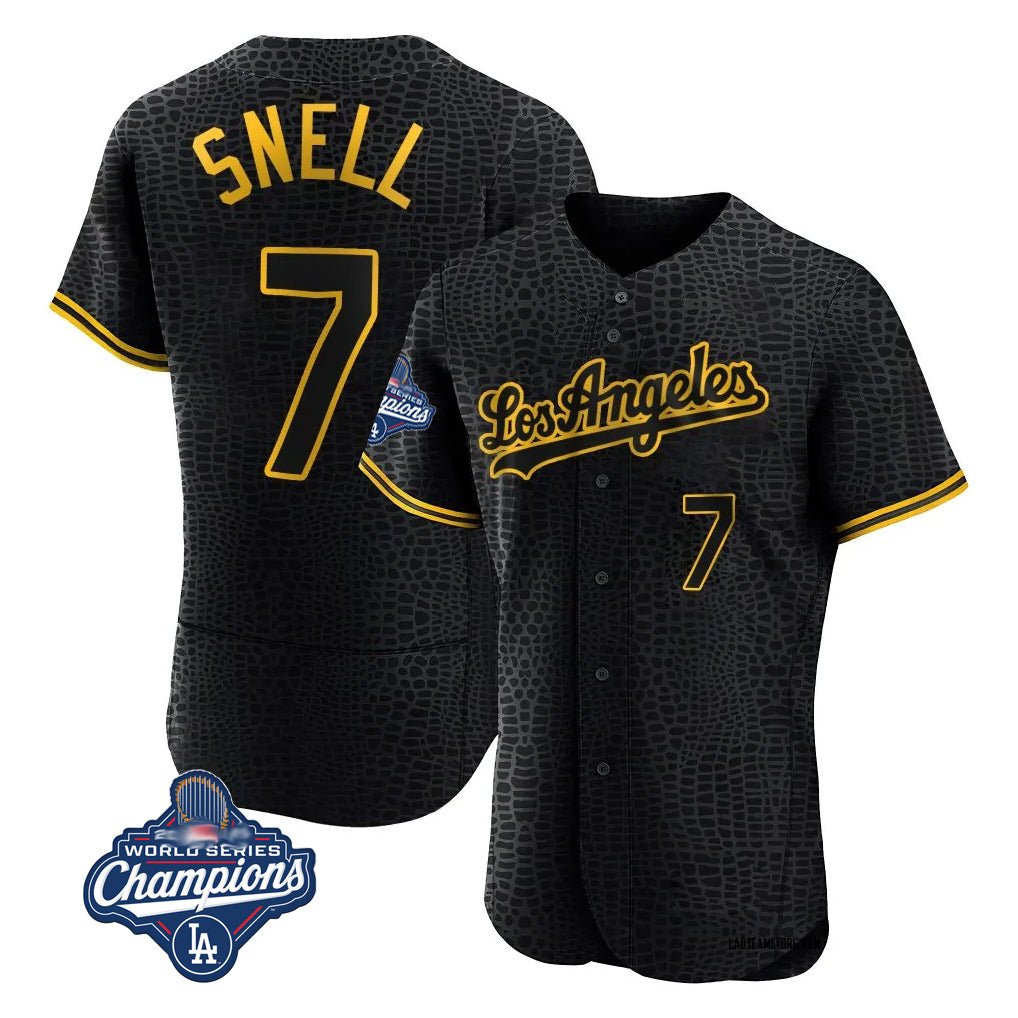 LA.Dodgers #7 Blake Snell Player Black Snake Skin City Limited Elite World Series Meet Home Gdoa Stitched Jerseys