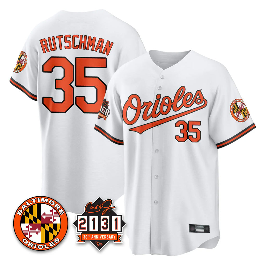 B.Orioles #35 Adley Rutschman Player White 30th Anniversary of 2131 Home Game Gdoa Stitched Jerseys