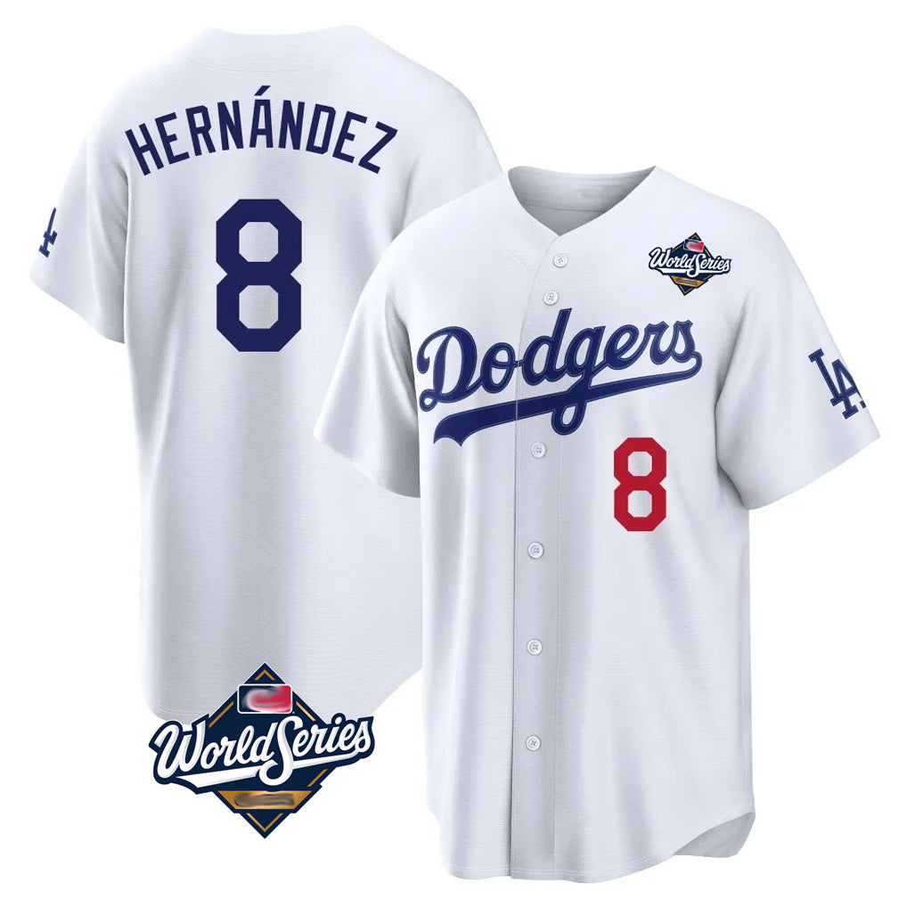 LA.Dodgers #8 Enrique Hern¨¢ndez Player White World Series Home Game Gdoa Stitched Jerseys