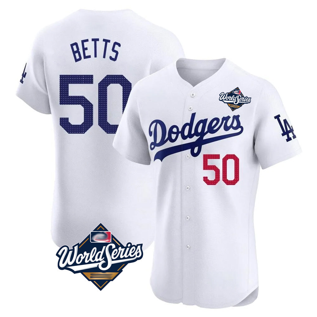 LA.Dodgers #50 Mookie Betts Player White World Series Limited Elite Home Gdoa Stitched Jerseys