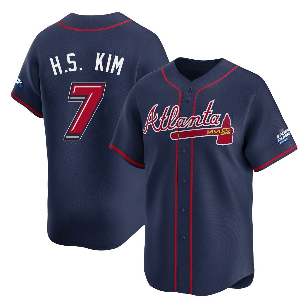 A.Braves #7 Ha-Seong Kim Player Navy 2025 Speedway Classic Home Game Gdoa Stitched Jerseys