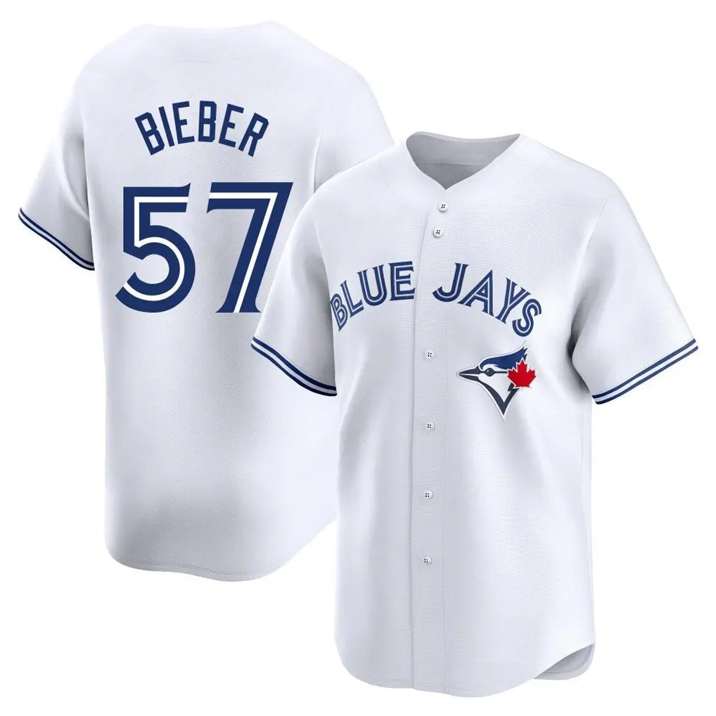 T.Blue Jays #57 Shane Bieber Player White Limited Home Gdoa Stitched Jerseys