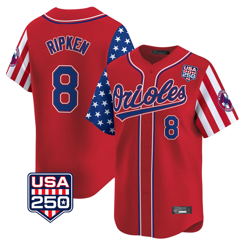 B.Orioles #8 Cal Ripken Player Red USA 250 Independence Day Vapor Premier Limited Home Game Gdoa Stitched Jerseys