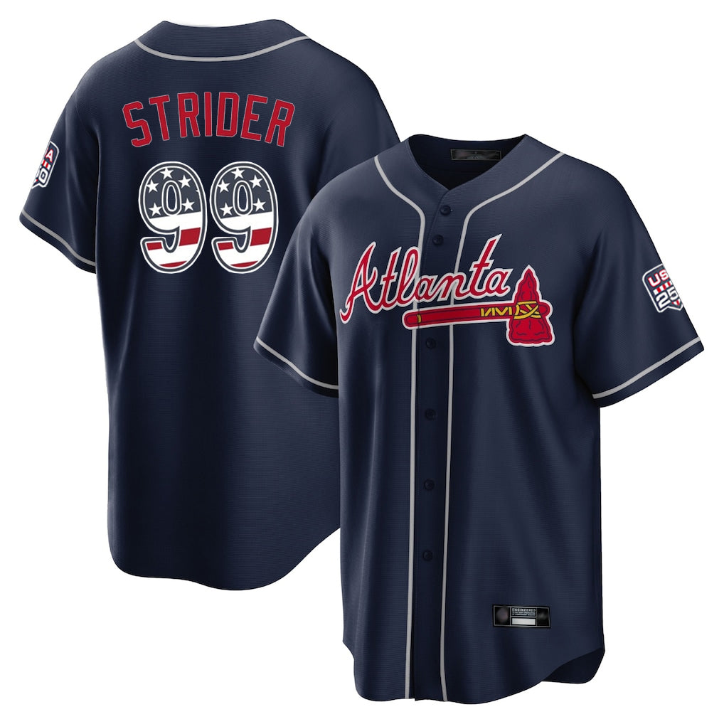 A.Braves #99 Spencer Strider Player Navy USA 250 Fourth Of July Limited Home Game Gdoa250Ys Stitched Jerseys