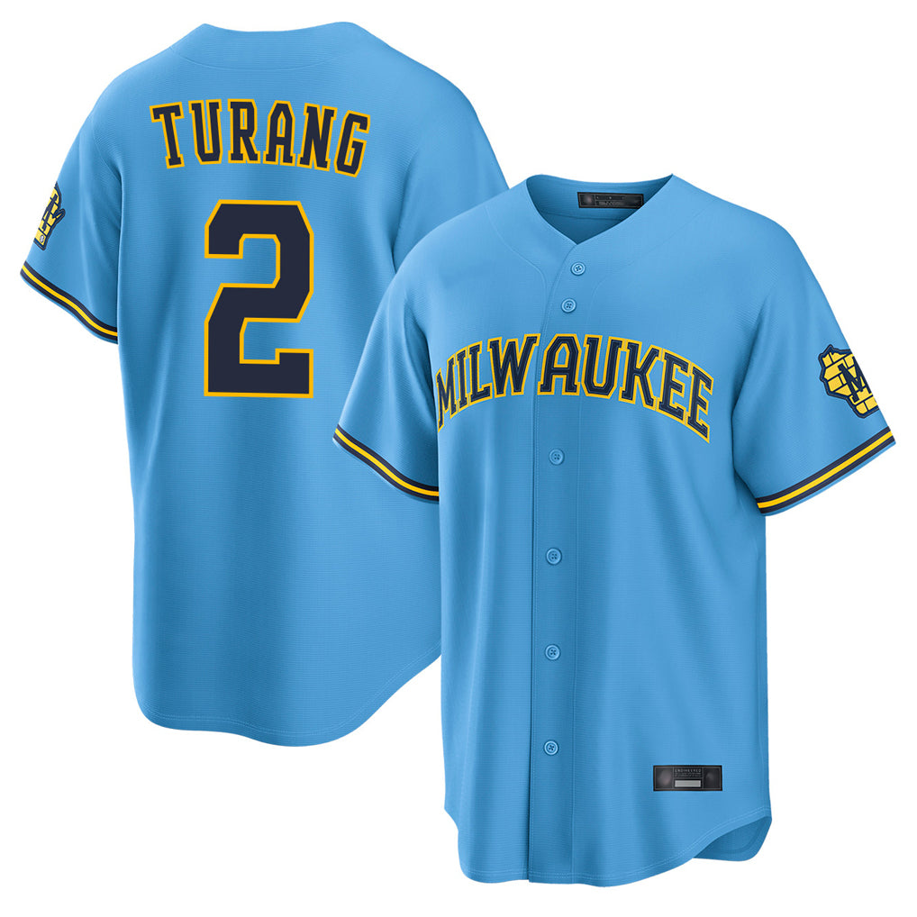 M.Brewers #2 Brice Turang Player Light Blue Road Stadium Game Gdoa Stitched Jerseys