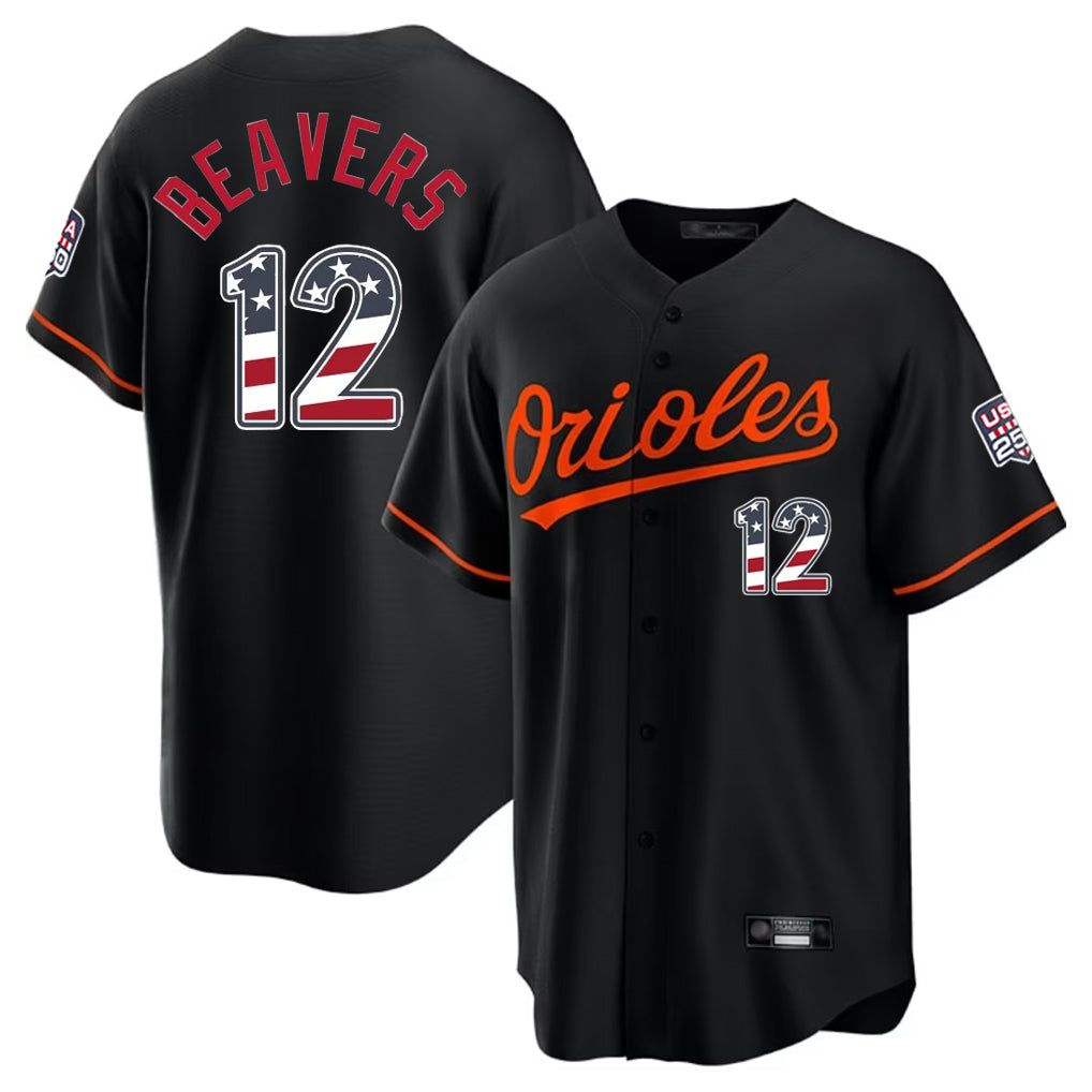 B.Orioles #12 Dylan Beavers Player Black USA 250 Fourth of July Home Game Gdoa Stitched Jerseys