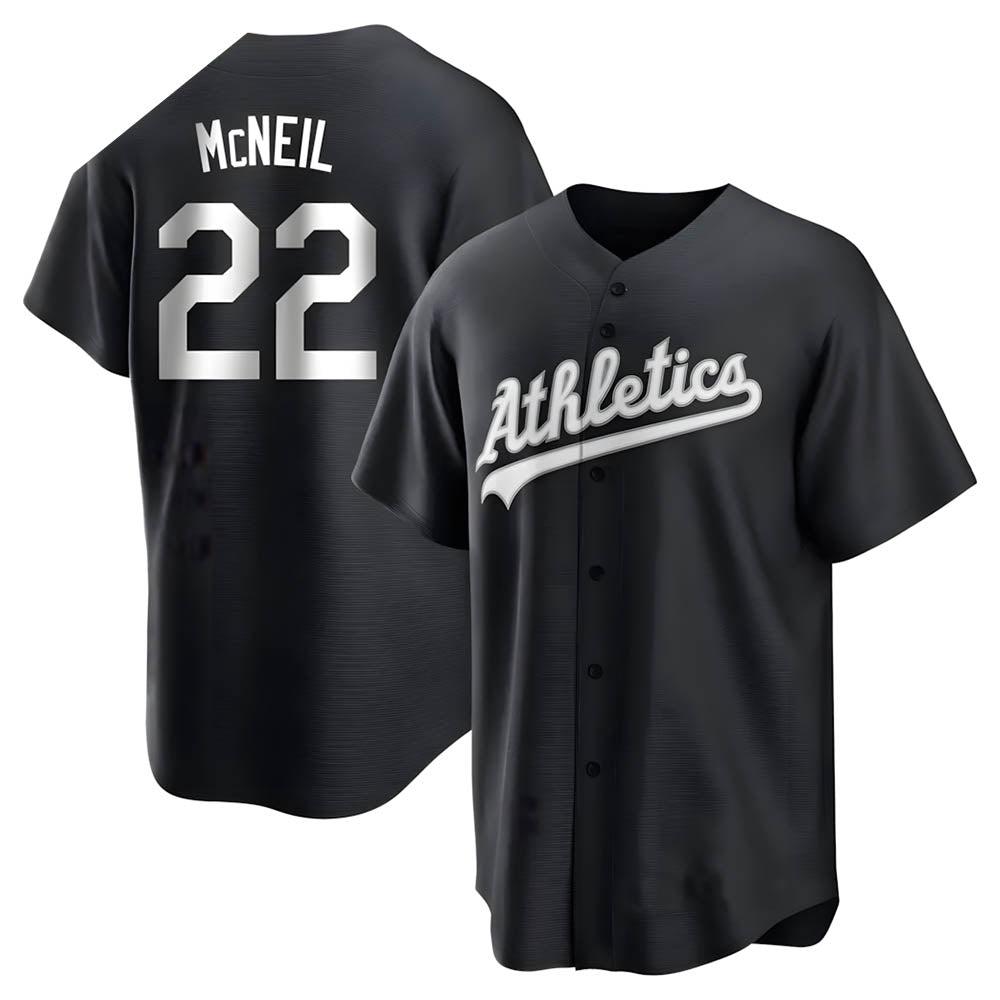 Athletics #22 Jeff McNeil player Black&White Replica Stitched Jersey