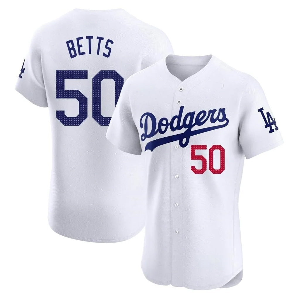 LA.Dodgers #50 Mookie Betts Player White Limited Elite Home Gdoa Stitched Jerseys