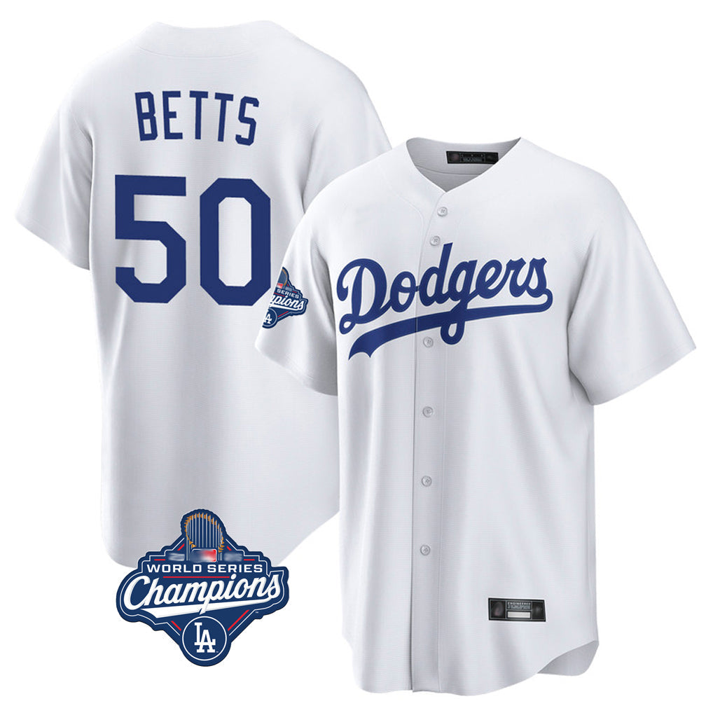 LA.Dodgers #50 Mookie Betts Player White World Series Meet Game Home Gdoa Stitched Jerseys