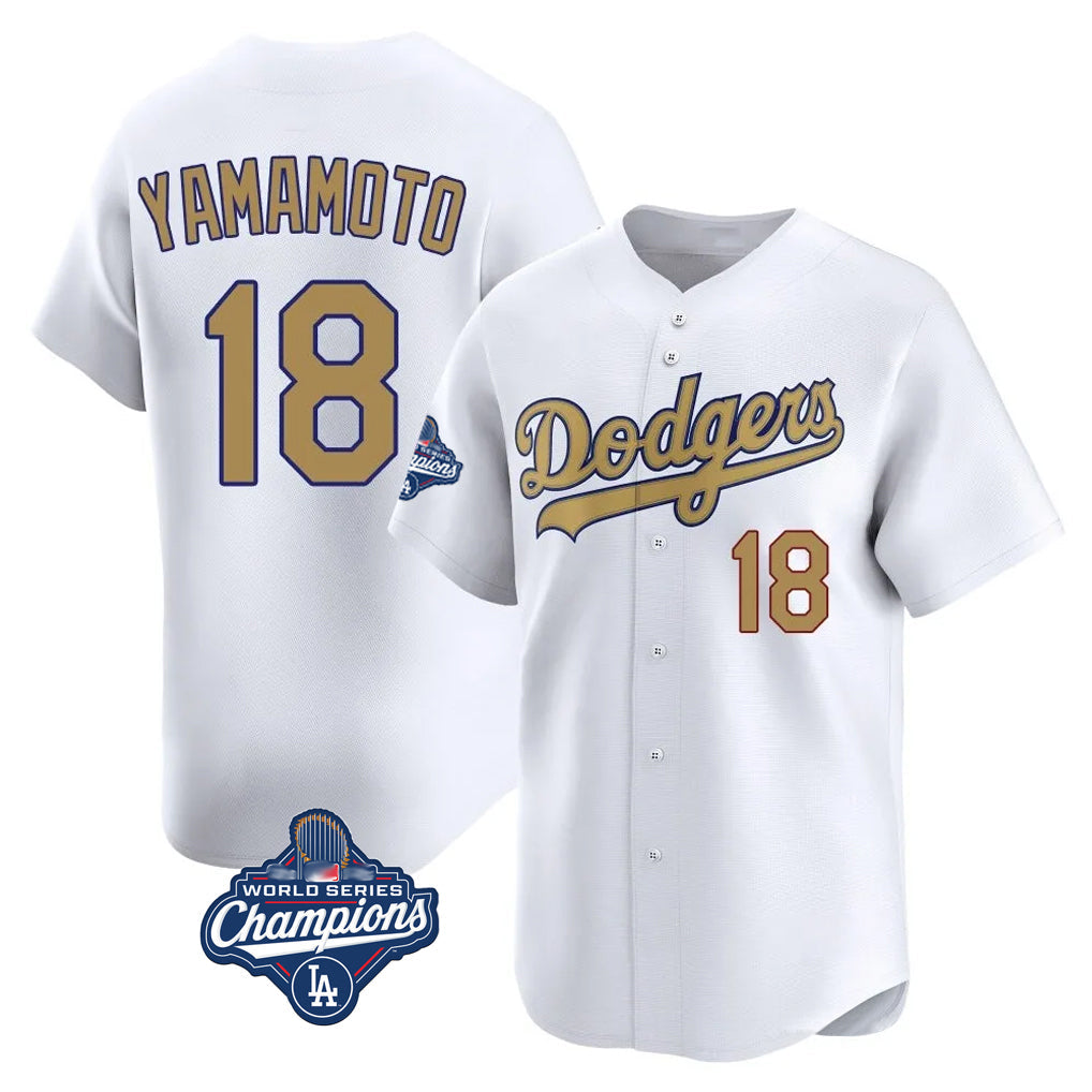 LA.Dodgers #18 Yoshinobu Yamamoto Player Gold World Series Meet Collection Limited Home Gdoa Stitched Jerseys