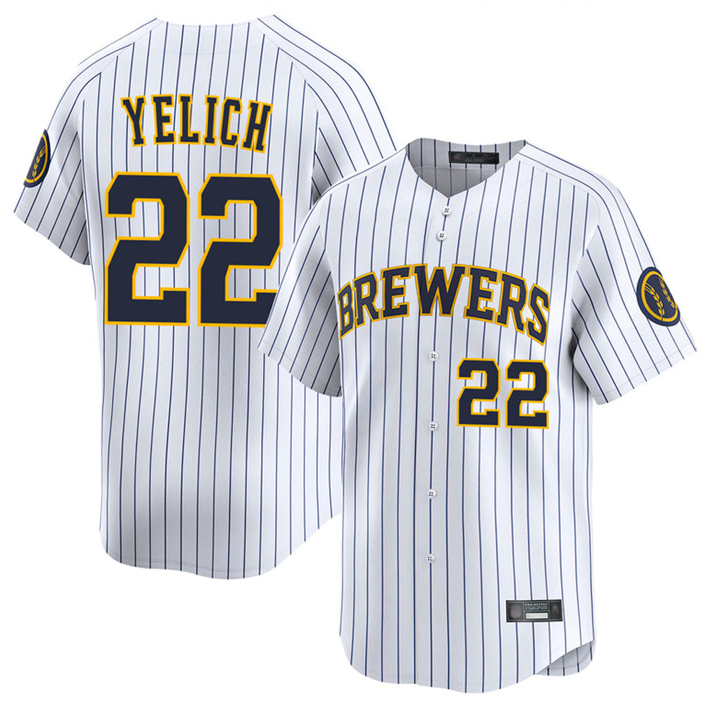 M.Brewers #22 Christian Yelich Player White Stripes Home Limited Game Gdoa Stitched Jerseys
