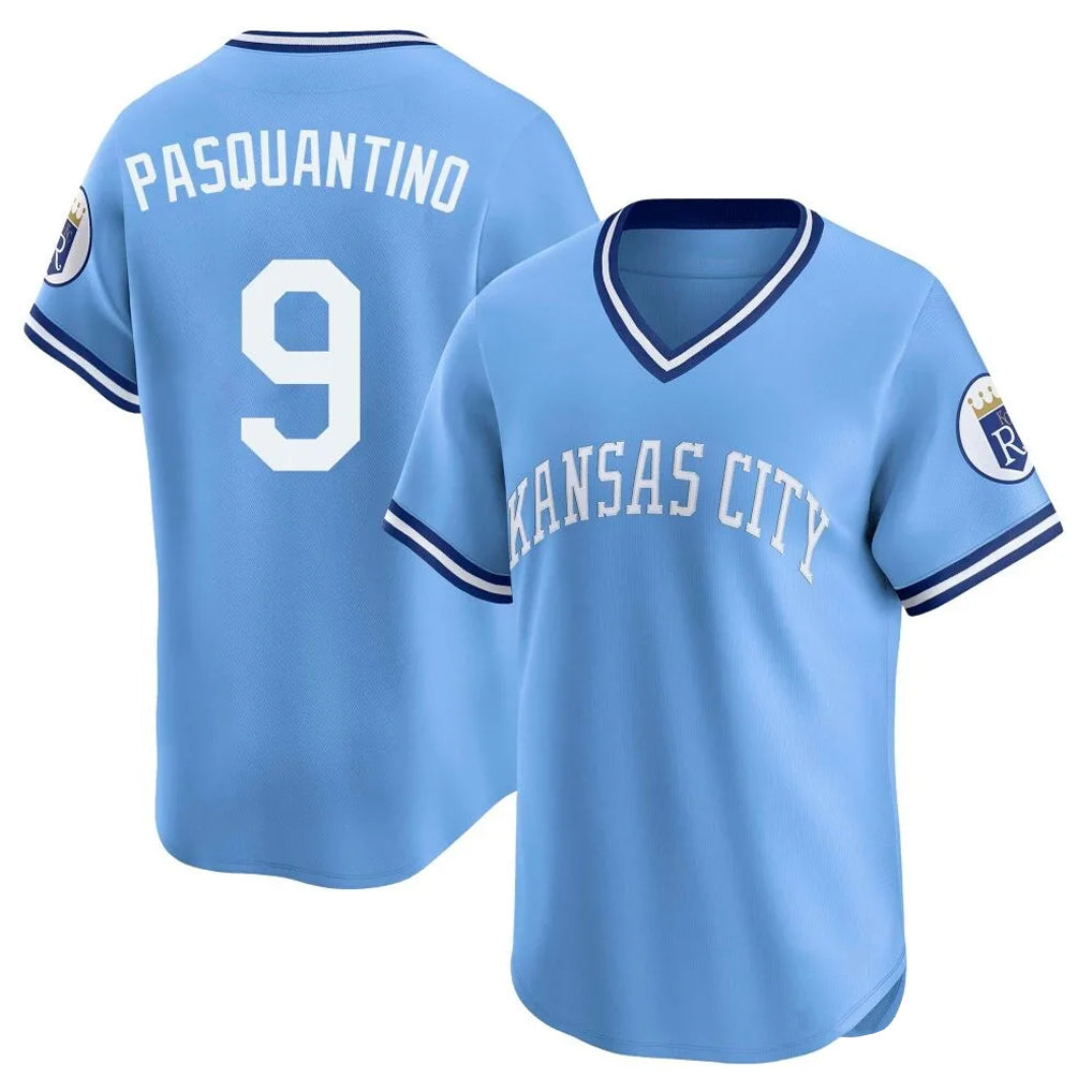 KC.Royals #9 Vinnie Pasquantino Player Light Blue Limited Throwback Cooperstown Collection T-shirt Gdoa Stitched Jerseys