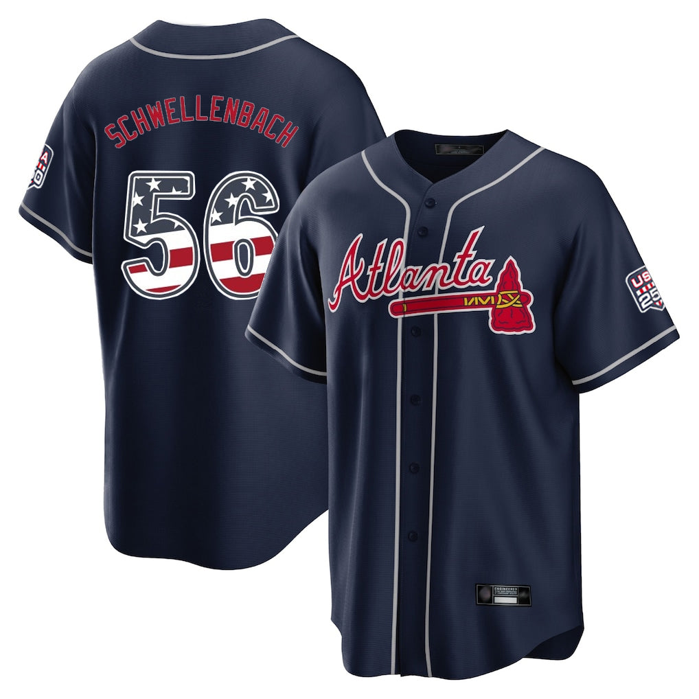A.Braves #56 Spencer Schwellenbach Player Navy USA 250 Fourth Of July Limited Home Game Gdoa250Ys Stitched Jerseys