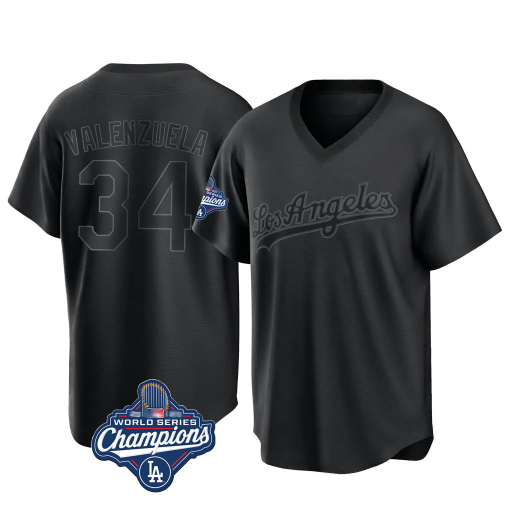 LA.Dodgers #34 Fernando Valenzuela Player Black World Series Meet Pitch Fashion T-shirt Gdoa Stitched Jerseys