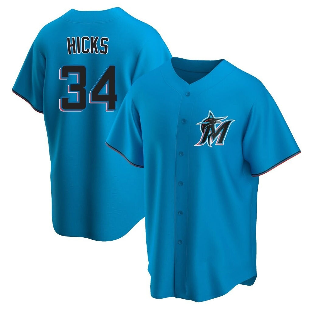 M.Marlins #34 Liam Hicks Player Blue Home Game Gdoa Stitched Jerseys