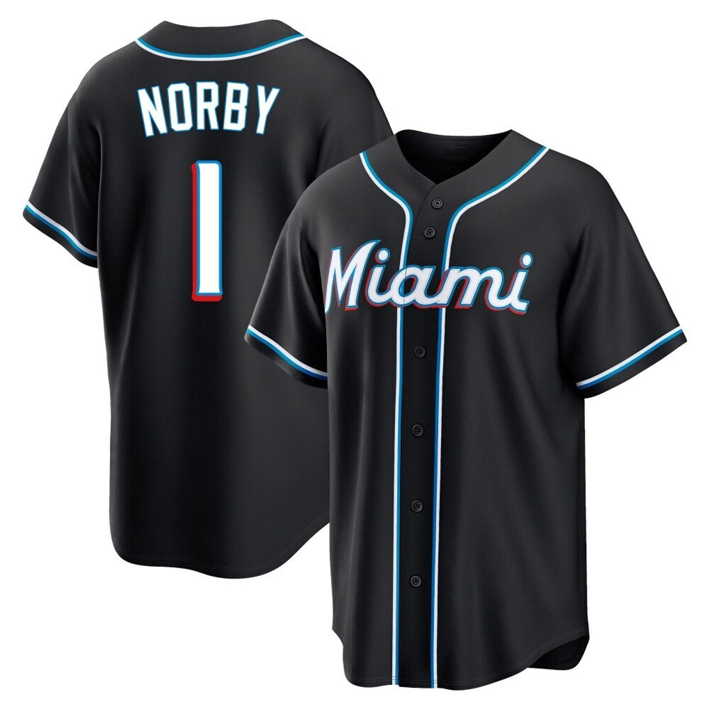 M.Marlins #1 Connor Norby Player Black Fashion Out Home Game Gdoa Stitched Jerseys