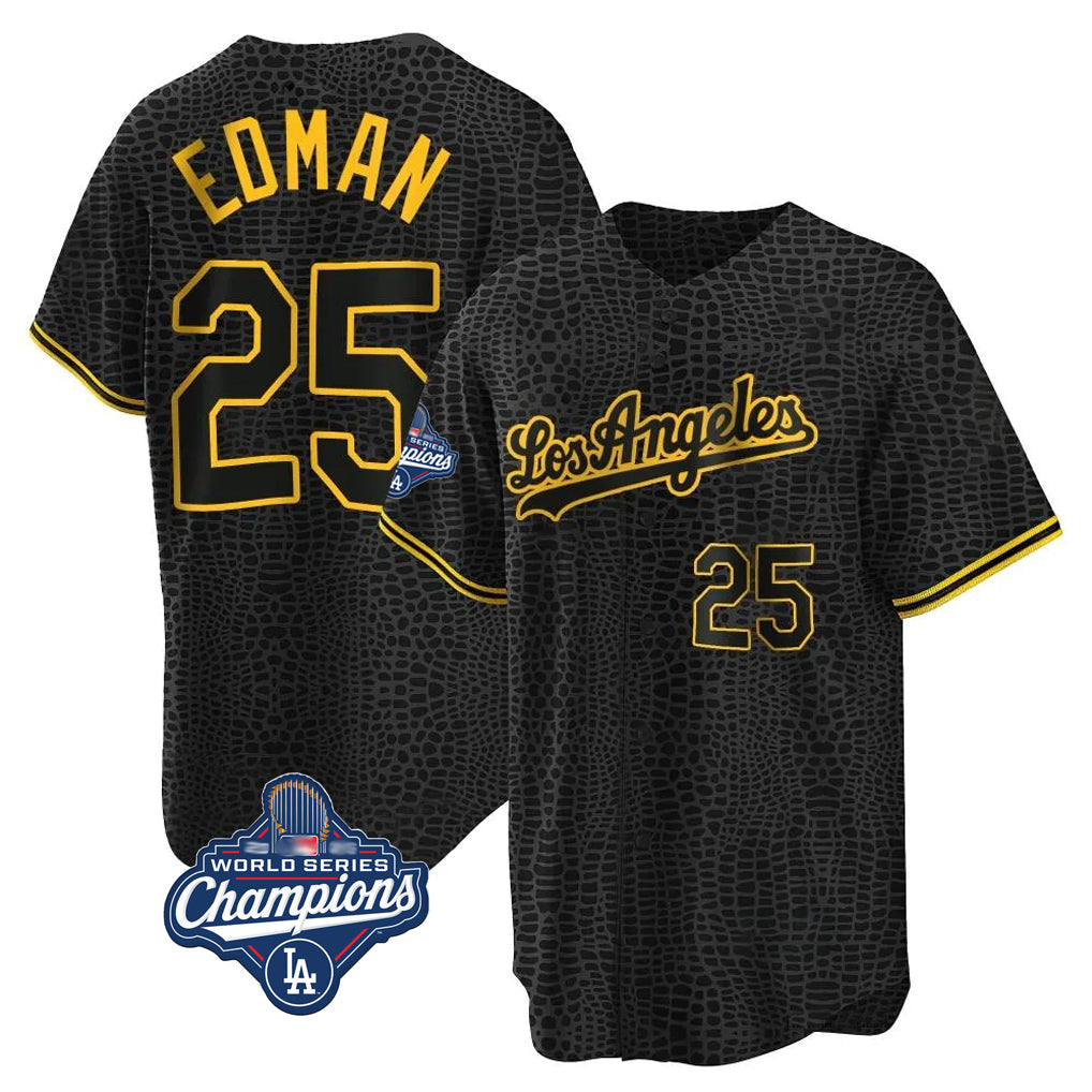 LA.Dodgers #25 Tommy Edman Player Black World Series Meet Snake Skin City Game Home Gdoa Stitched Jerseys