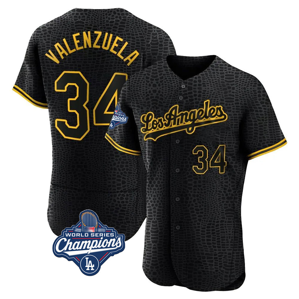 LA.Dodgers #34 Fernando Valenzuela Player Black World Series Meet Snake Skin City Limited Elite Home Gdoa Stitched Jerseys