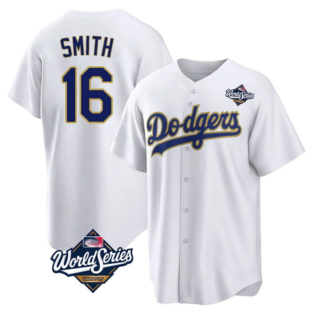 LA.Dodgers #16 Will Smith Player Gold White World Series 2026 Collection Stadium Game Gdoa Stitched Jerseys