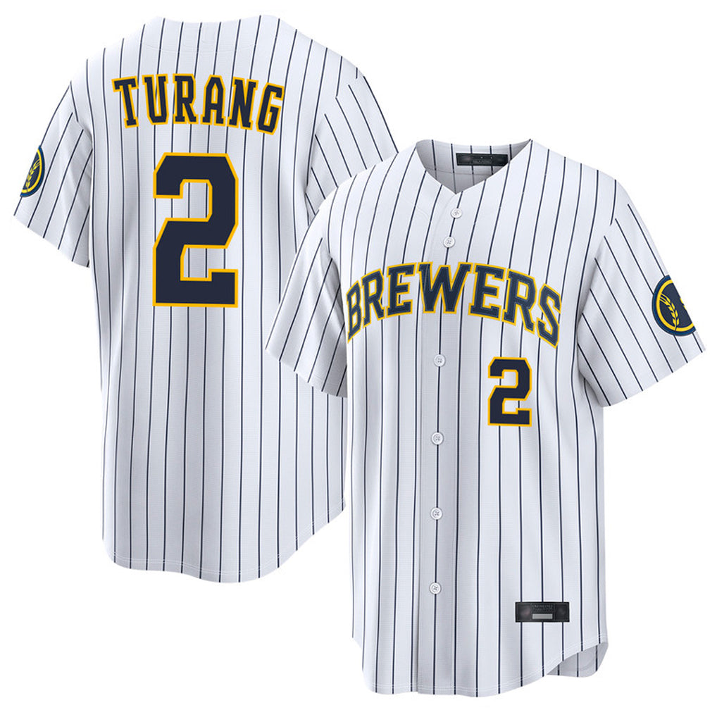 M.Brewers #2 Brice Turang Player White Stripes Home Limited Game Gdoa Stitched Jerseys