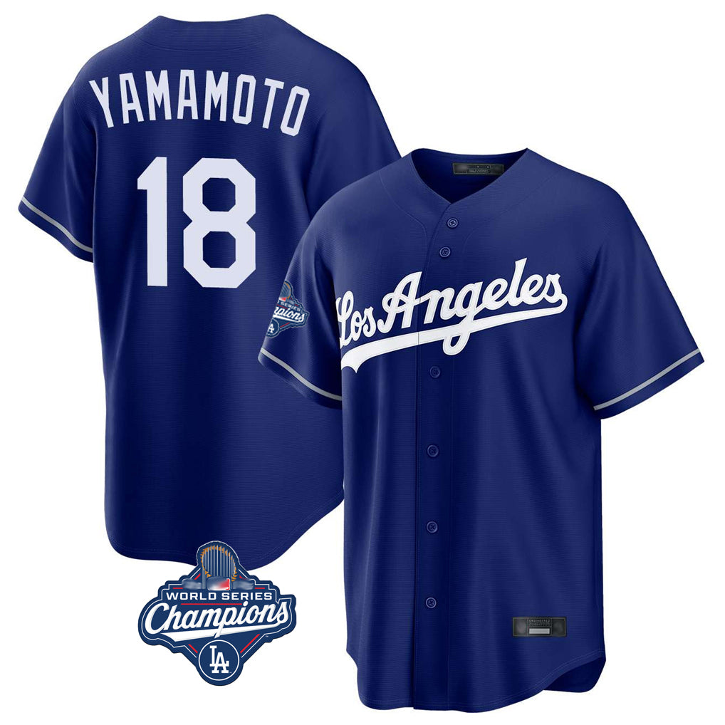 LA.Dodgers #18 Yoshinobu Yamamoto Player Royal World Series Meet Game Gdoa Stitched Jerseys