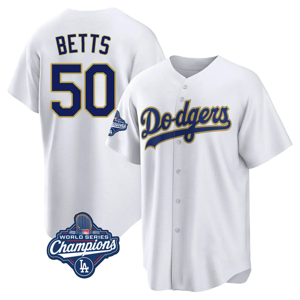 LA.Dodgers #50 Mookie Betts Player Gold White World Series Meet 2026 Collection Stadium Game Gdoa Stitched Jerseys