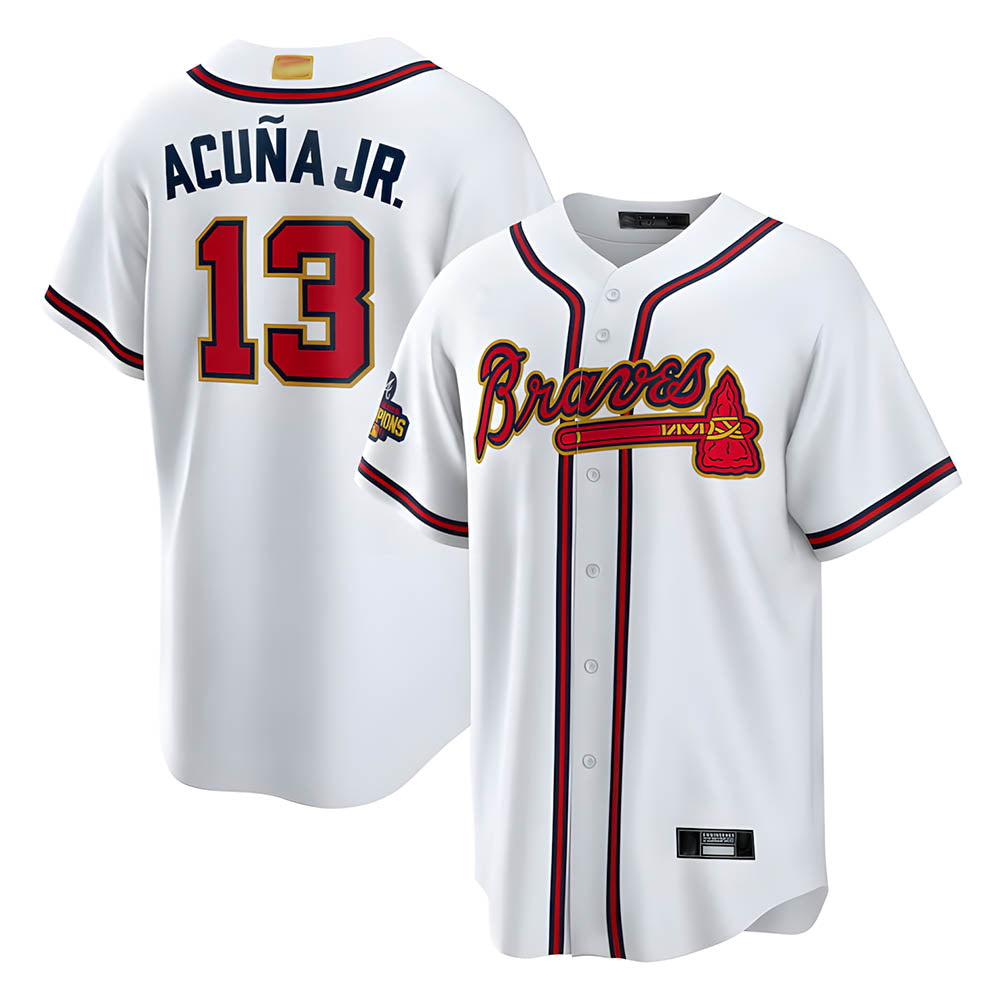 A.Braves #13 Ronald Acun?a Jr. Player White Gold Championship Stitched Jerseys