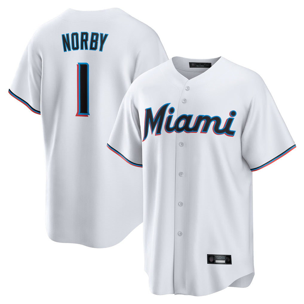 M.Marlins #1 Connor Norby Player White  Home Game Gdoa Stitched Jerseys