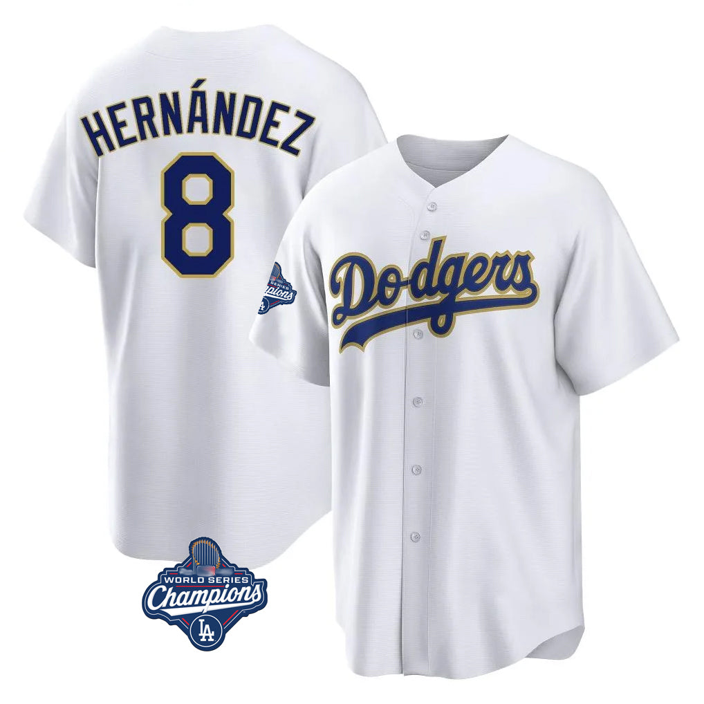 LA.Dodgers #8 Enrique Hern¨¢ndez Player Gold White World Series Meet 2026 Collection Stadium Game Gdoa Stitched Jerseys