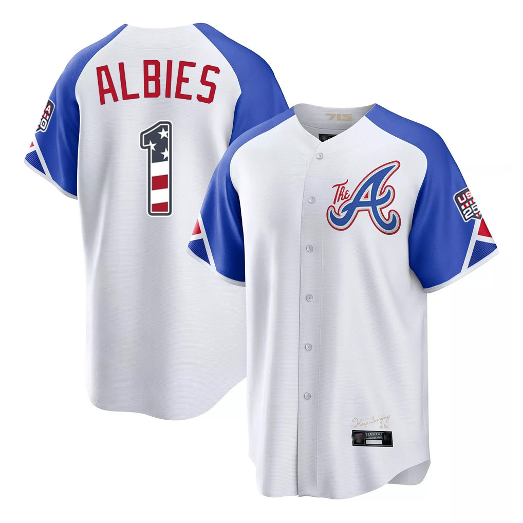 A.Braves #1 Ozzie Albies Player White USA 250 Fourth Of July City Connect Home Game Gdoa250Ys Stitched Jerseys