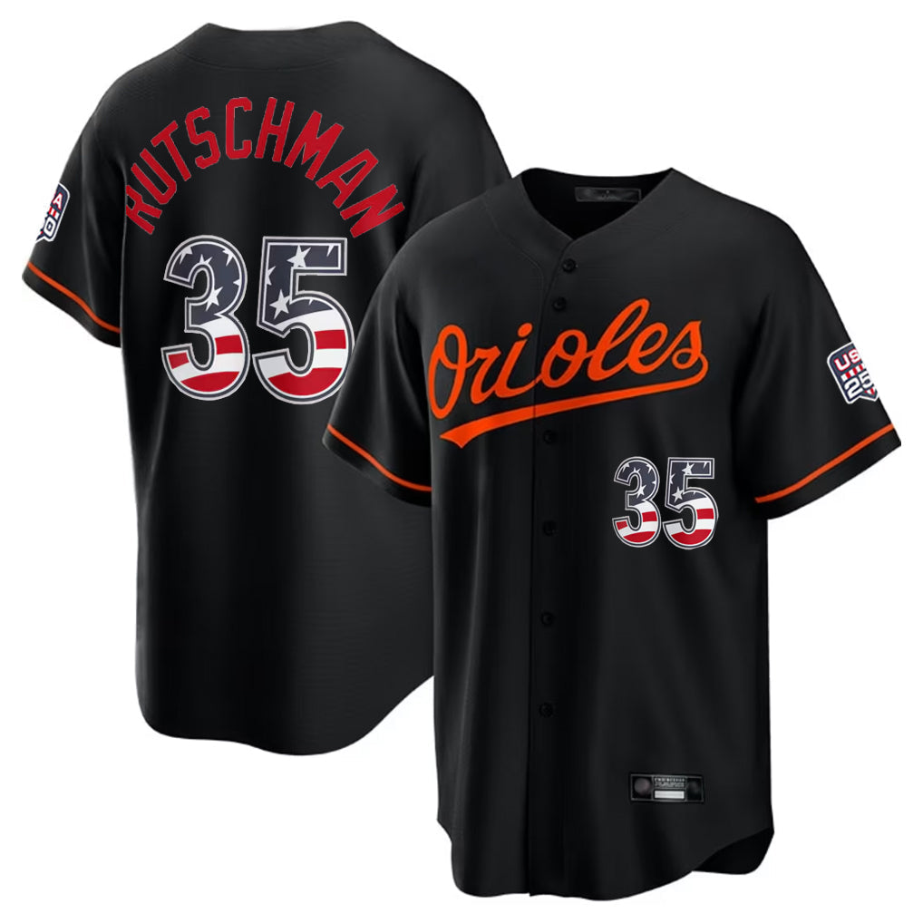 B.Orioles #35 Adley Rutschman Player Black USA 250 Fourth of July Home Game Gdoa Stitched Jerseys