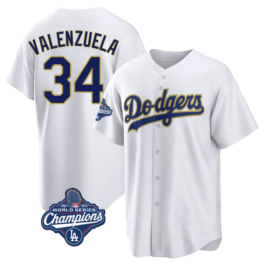 LA.Dodgers #34 Fernando Valenzuela Player Gold White World Series Meet 2026 Collection Stadium Game Gdoa Stitched Jerseys