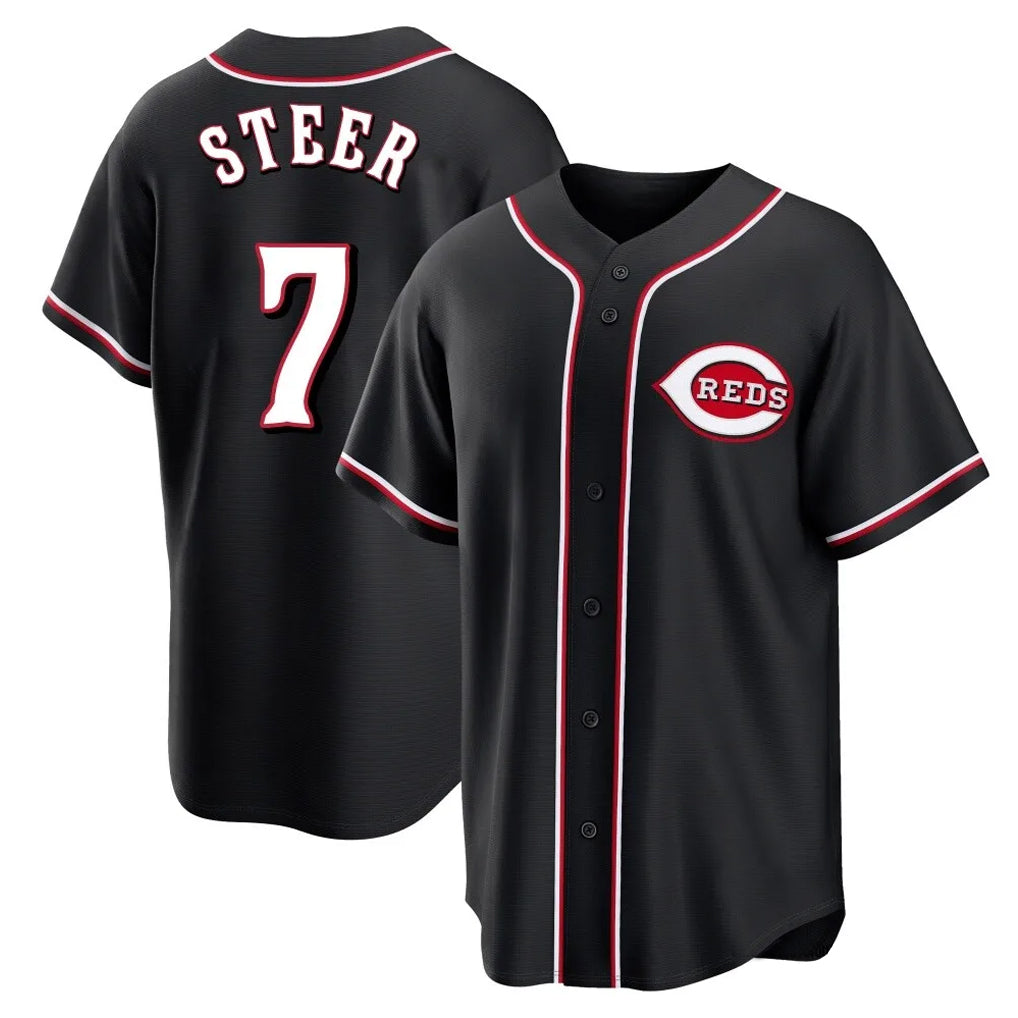 C.Reds #7 Spencer Steer Player Black Fashion Out Home Game Gdoa Stitched Jerseys