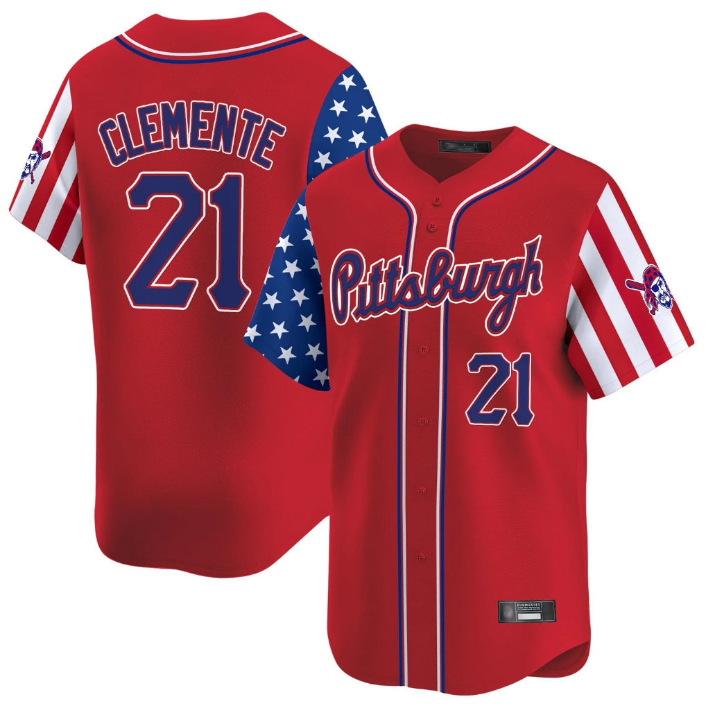 P.Pirates #21 Roberto Clemente Player Red 2025 Independence Day Vapor Premier Limited Stitched Jerseys