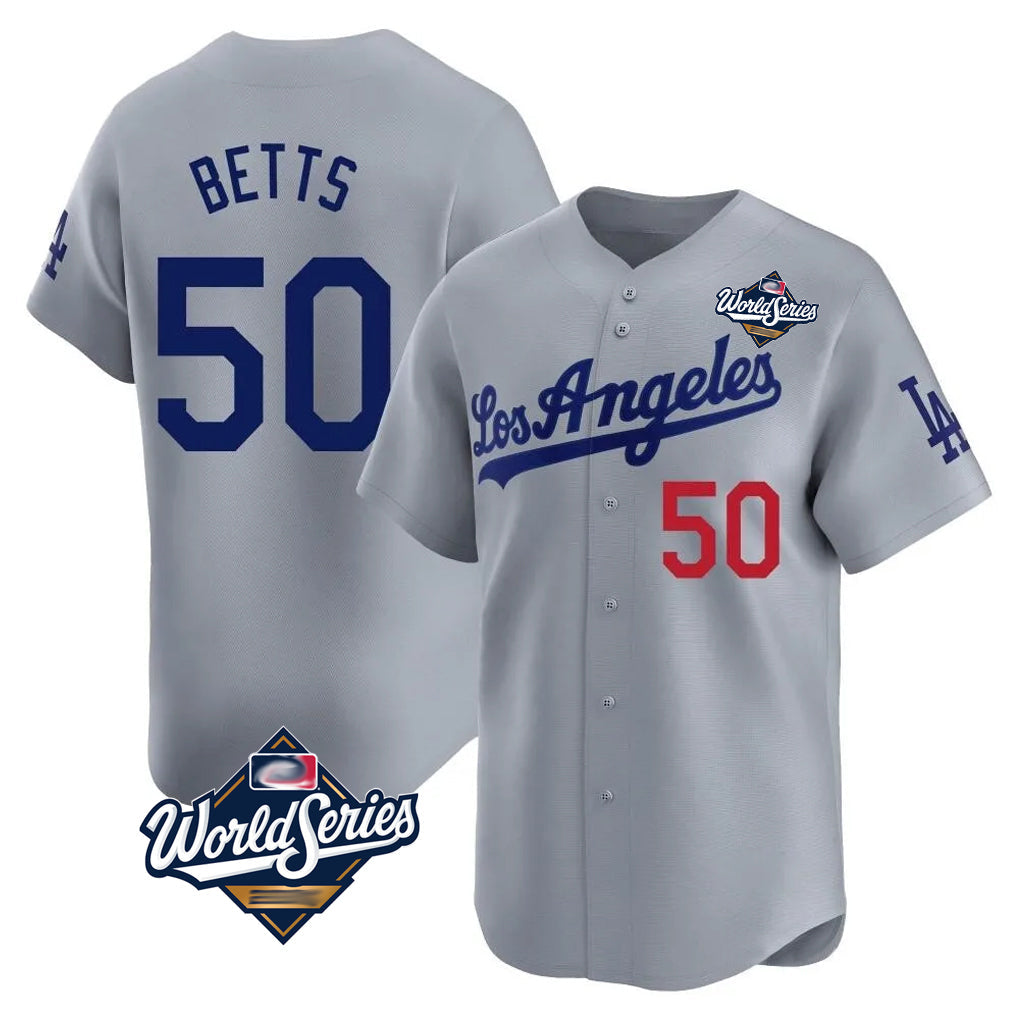 LA.Dodgers #50 Mookie Betts Player Gray World Series Limited Home Gdoa Stitched Jerseys
