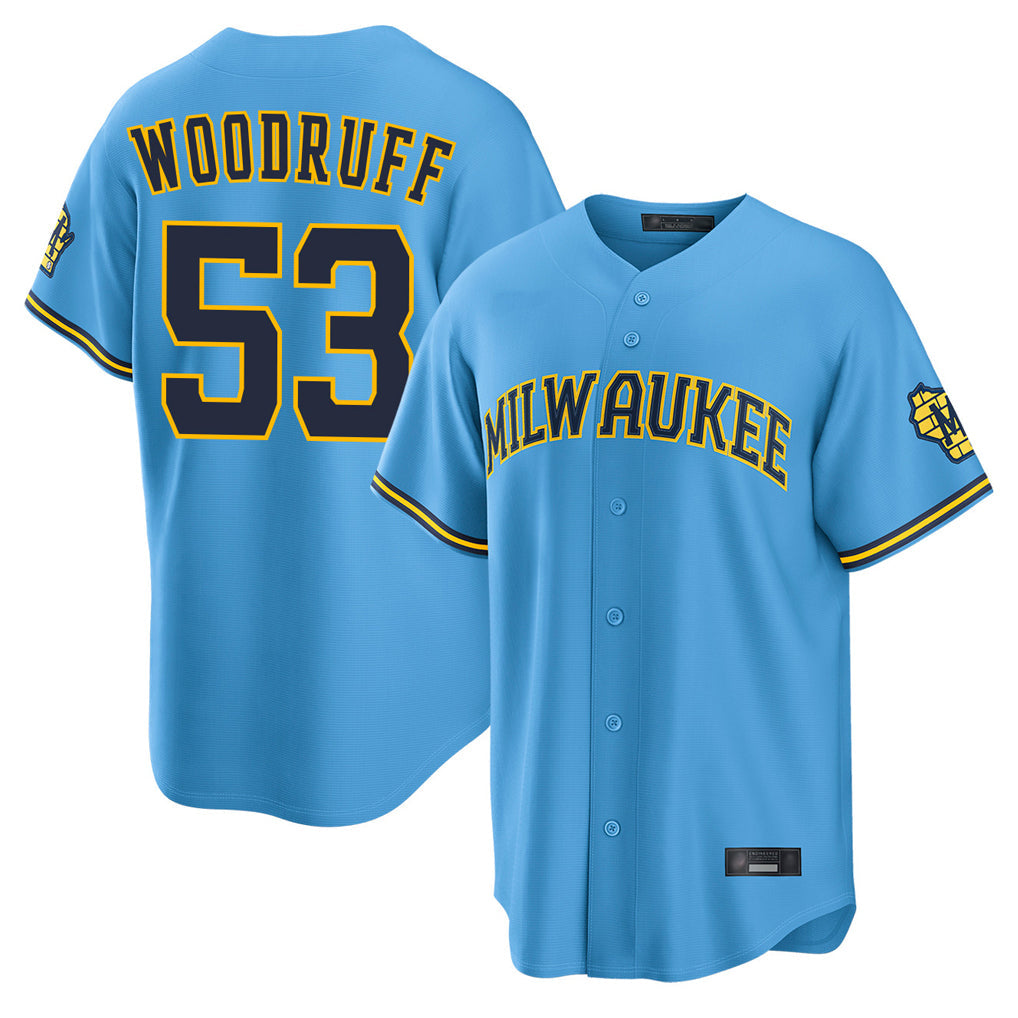 M.Brewers #53 Brandon Woodruff Player Light Blue Road Stadium Game Gdoa Stitched Jerseys