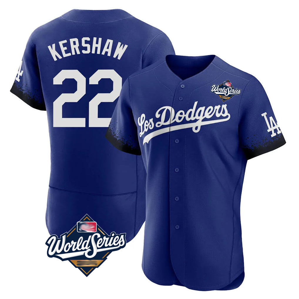 LA.Dodgers #22 Clayton Kershaw Player Royal World Series City Connect Elite Home Gdoa Stitched Jerseys